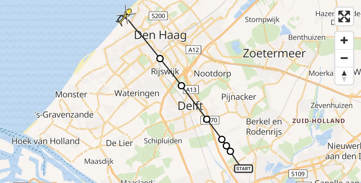 Routekaart van de vlucht: Lifeliner 2 naar Den Haag, Zuiderstrand