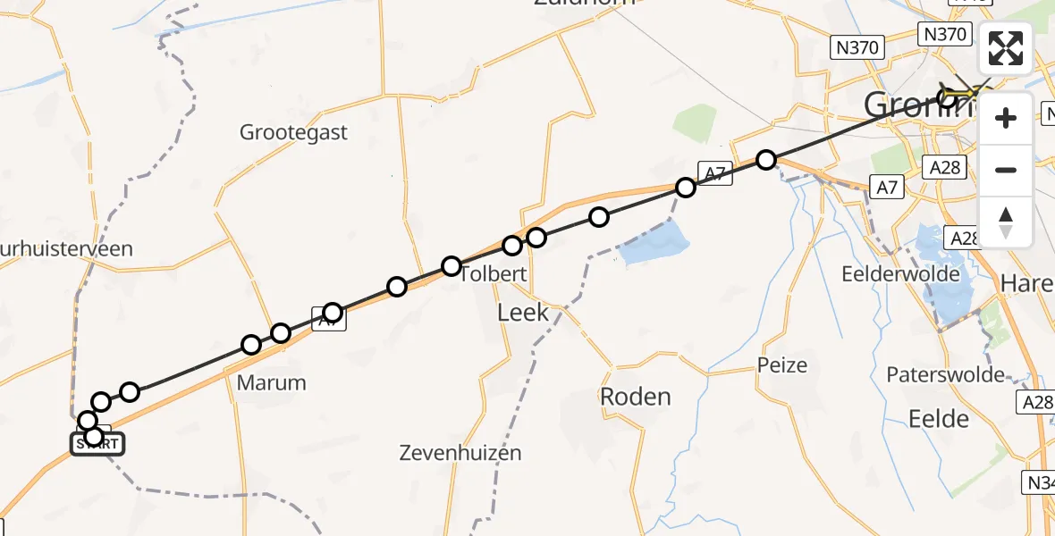 Routekaart van de vlucht: Lifeliner 4 naar Universitair Medisch Centrum Groningen, Leidijk