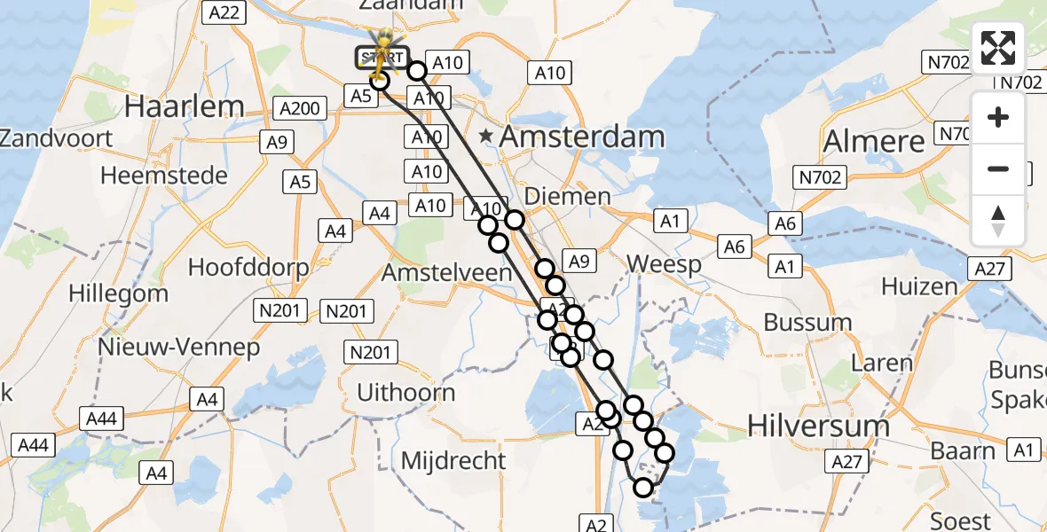 Vluchtroute Traumahelikopter van Amsterdam Heliport naar Amsterdam Heliport