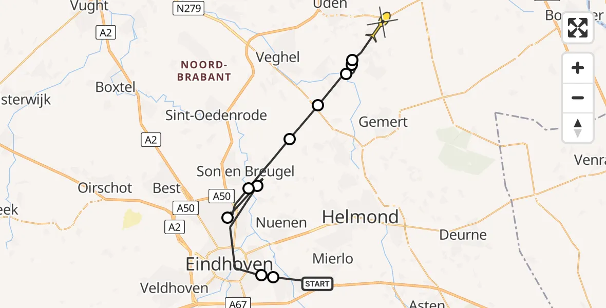 Routekaart van de vlucht: Politieheli naar Volkel, de Hooge Akker