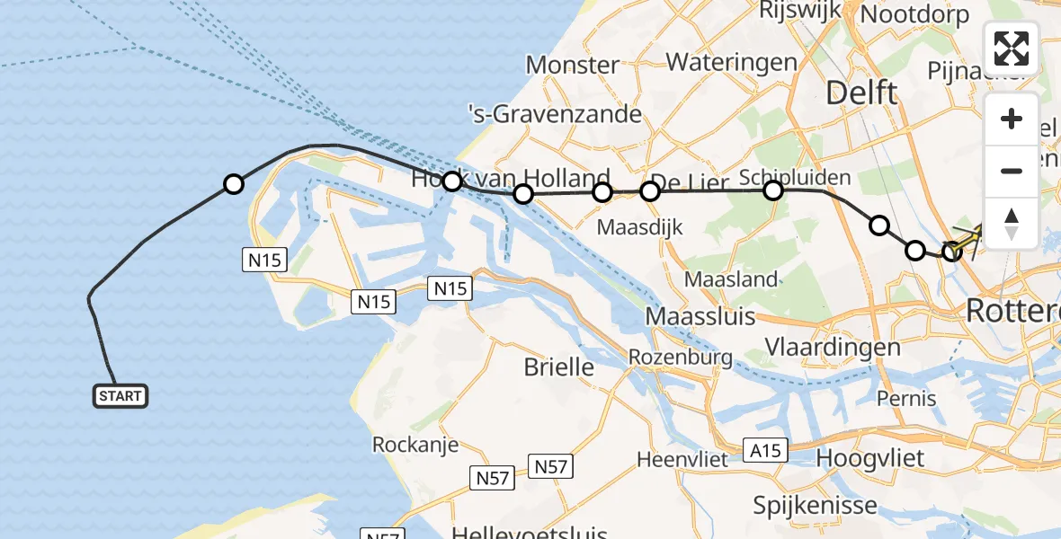 Routekaart van de vlucht: Kustwachthelikopter naar Rotterdam The Hague Airport, Prinses Máximaweg
