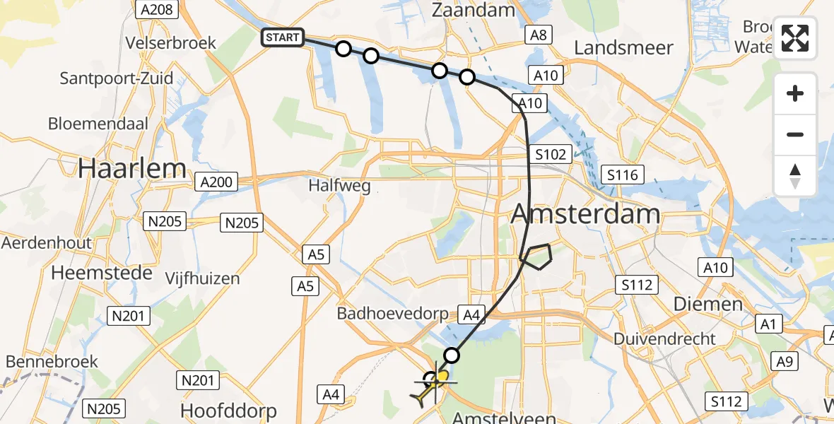 Routekaart van de vlucht: Politieheli naar Schiphol, Usselincxhaven