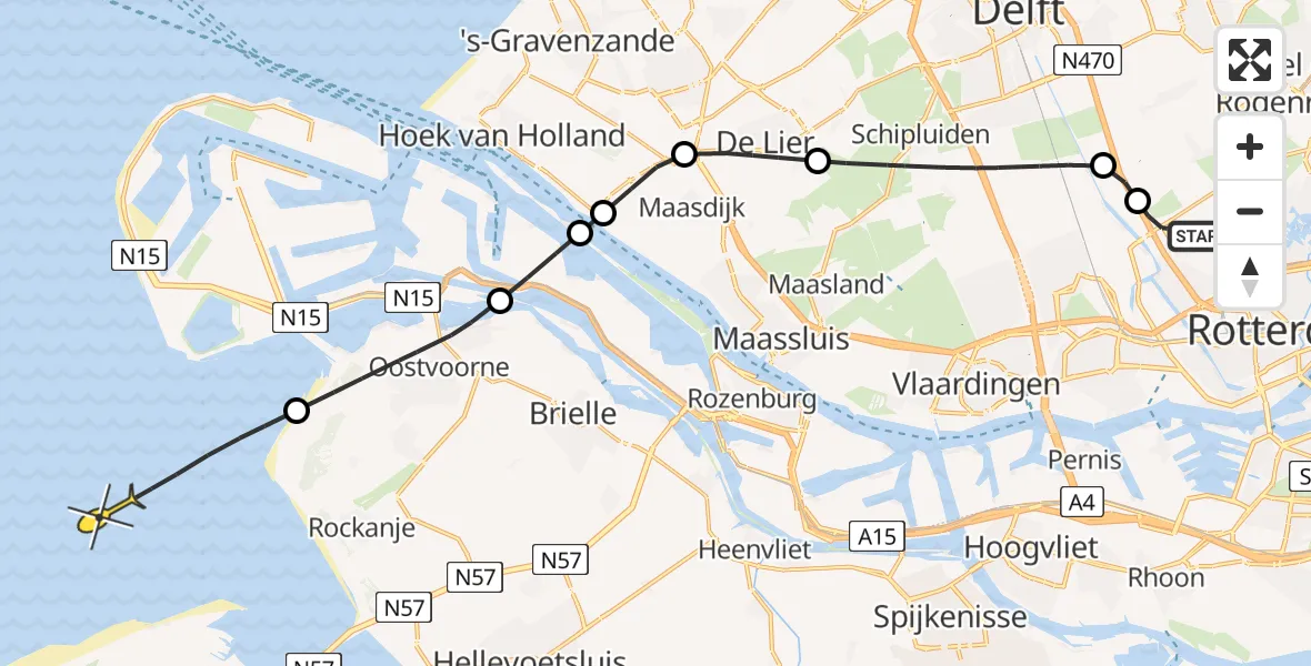 Routekaart van de vlucht: Kustwachthelikopter naar A16 Rotterdam