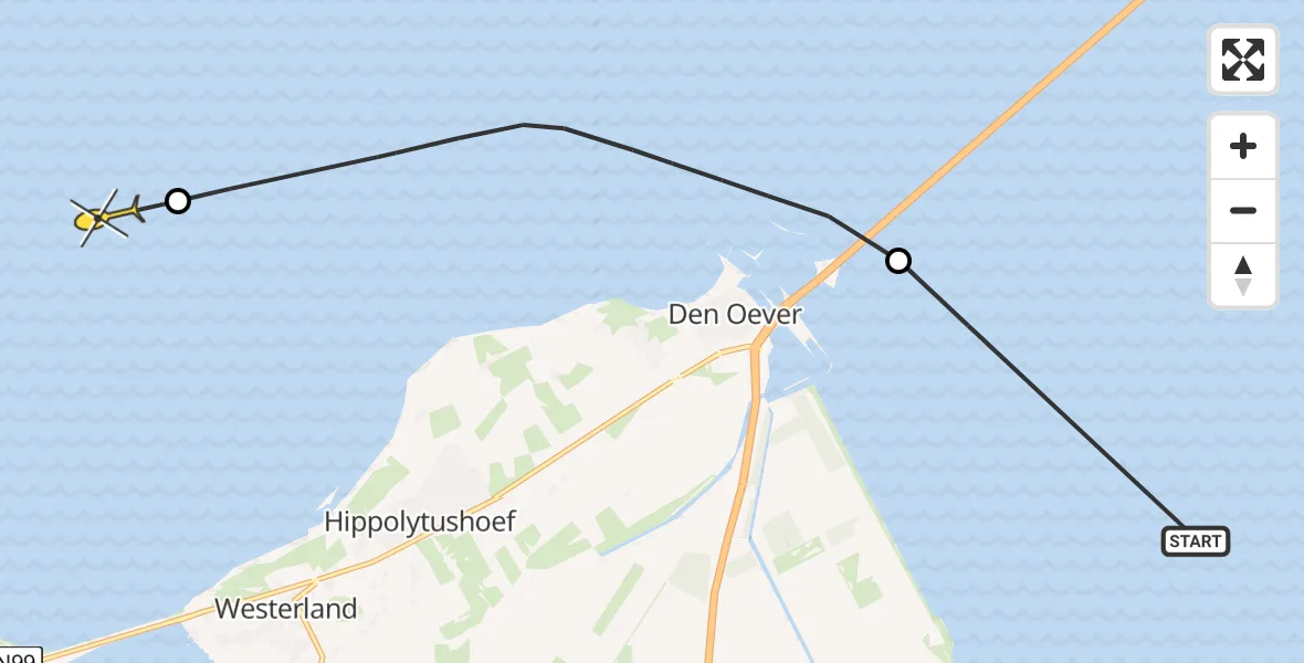 Routekaart van de vlucht: Politiehelikopter naar Den Helder, Vaarwater langs Nieuwe Zeug