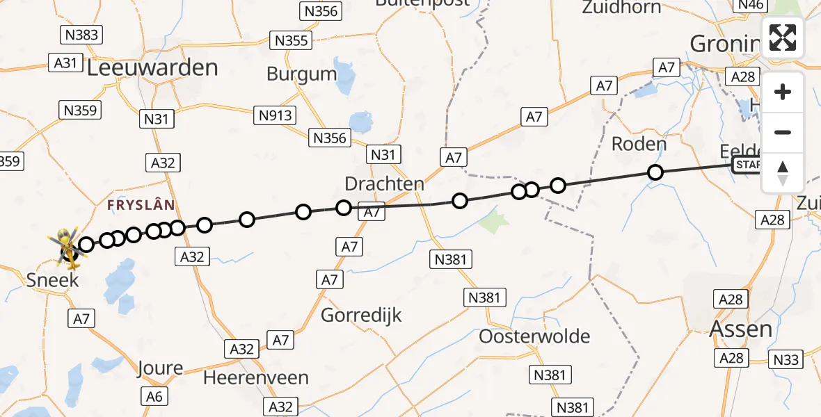 Vluchtroute Traumahelikopter Groningen Airport Eelde - Goënga, 18 april 2024, 14:17