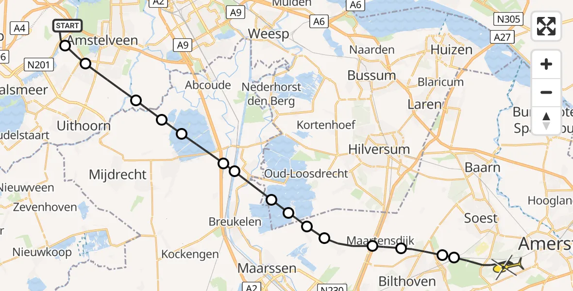 Routekaart van de vlucht: Politieheli naar Soest, Amsterdam-Bataviaweg