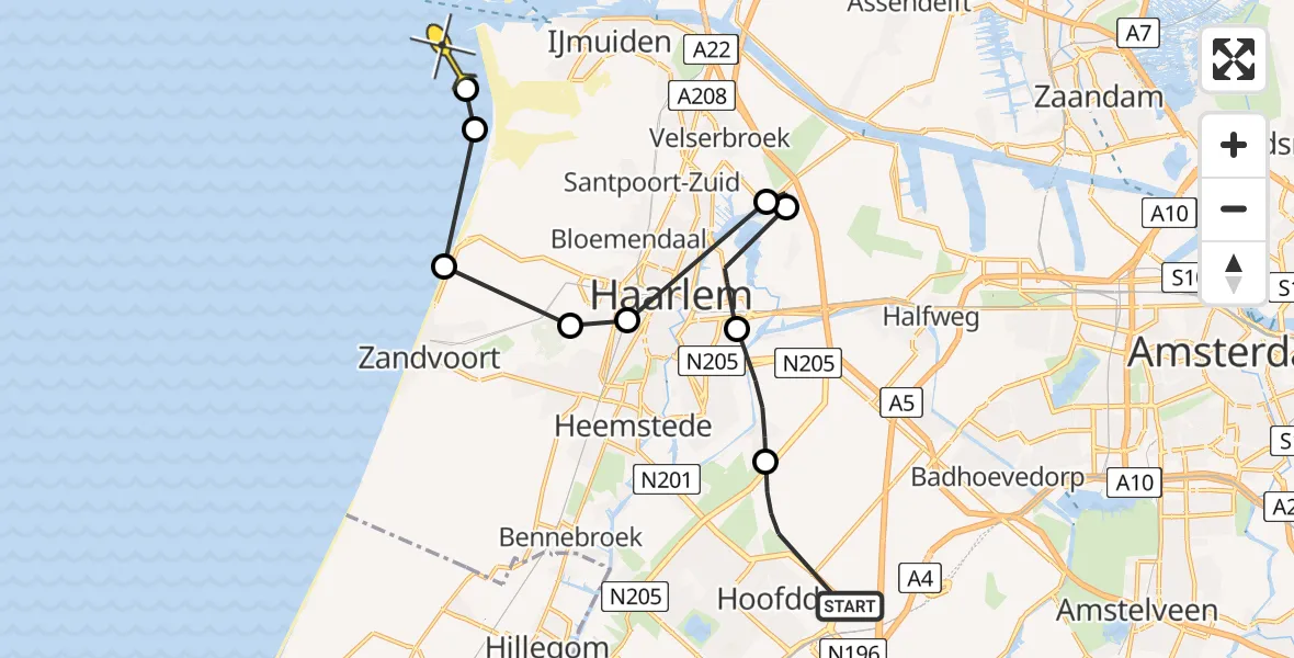 Routekaart van de vlucht: Politieheli naar IJmuiden, Vijfhuizertocht