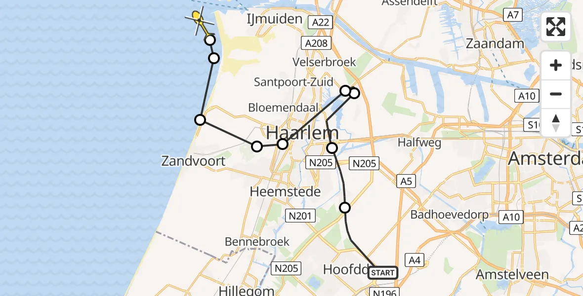Routekaart van de vlucht: Politiehelikopter naar IJmuiden, Vijfhuizertocht