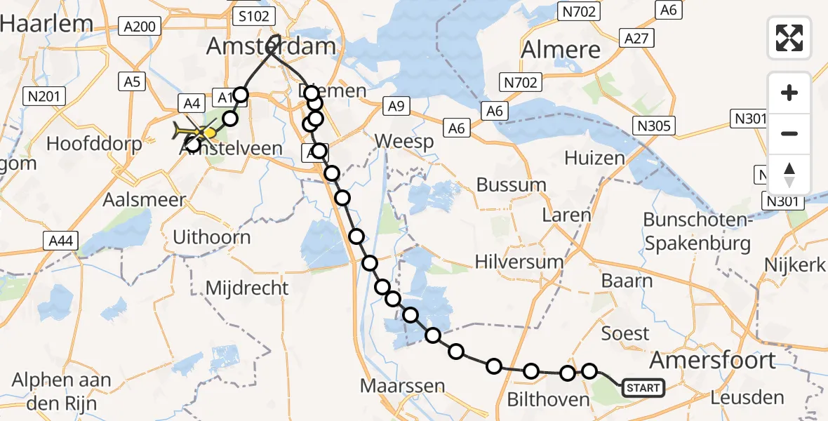 Routekaart van de vlucht: Politieheli naar Schiphol, De Bergjes