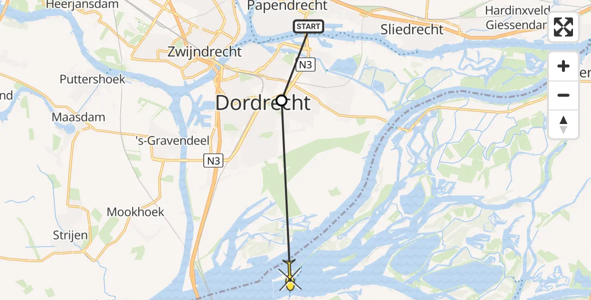 Routekaart van de vlucht: Politieheli naar Werkendam, Dubbelmonde Park
