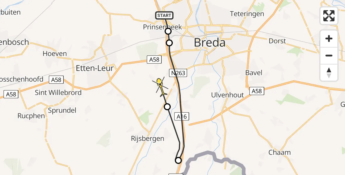 Routekaart van de vlucht: Politieheli naar Breda, Meester Bierensweg