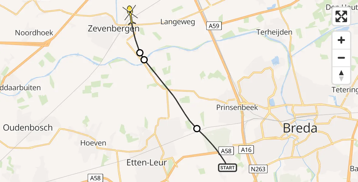 Routekaart van de vlucht: Politieheli naar Zevenbergen, Dwarskootsestraat