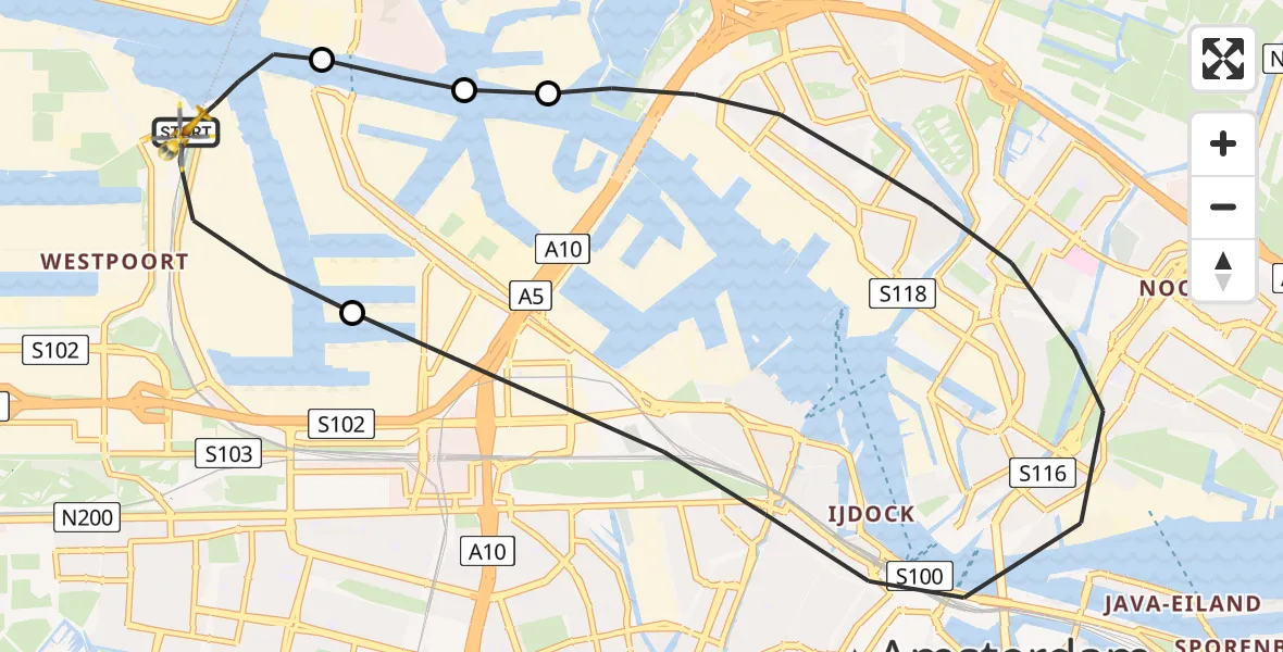 Vluchtroute Traumahelikopter van Amsterdam Heliport naar Amsterdam Heliport
