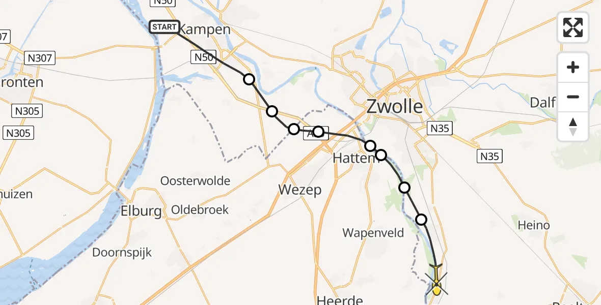 Routekaart van de vlucht: Politieheli naar Wijhe, Buitenbroeksweg