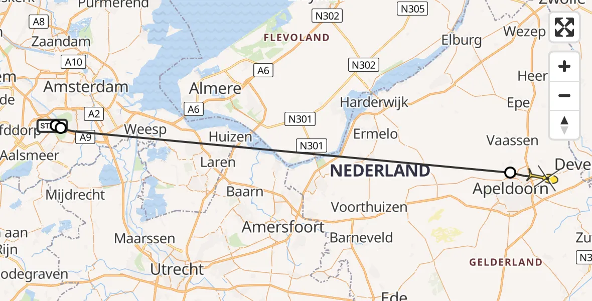 Routekaart van de vlucht: Politieheli naar Vliegveld Teuge, Schipholweg