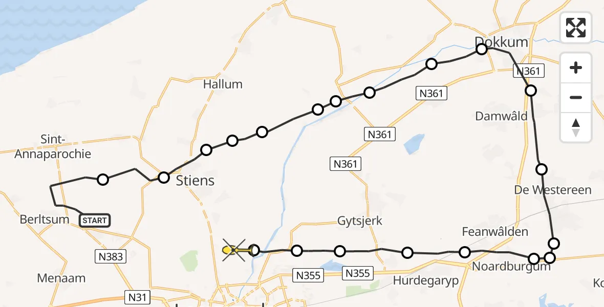 Routekaart van de vlucht: Ambulanceheli naar Jelsum, Westergoawei