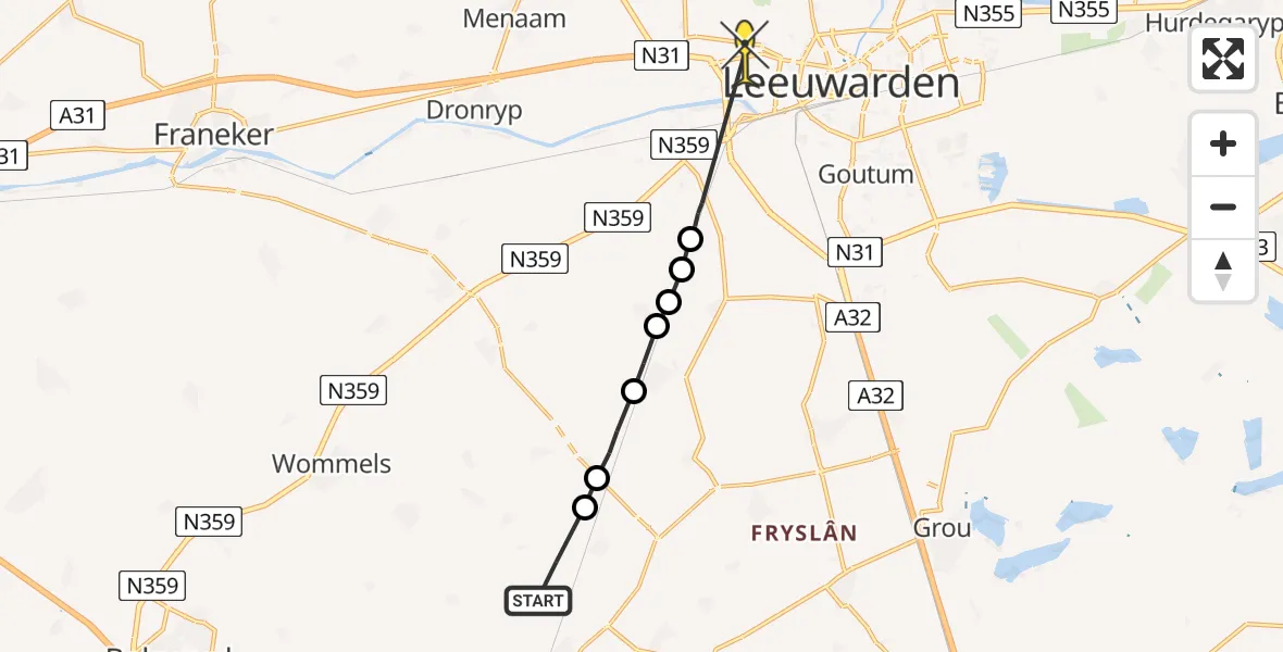 Routekaart van de vlucht: Ambulancehelikopter naar Leeuwarden, Slachtedyk