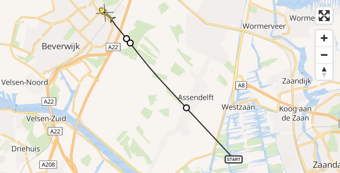 Routekaart van de vlucht: Lifeliner 1 naar Heemskerk, Dorpsstraat