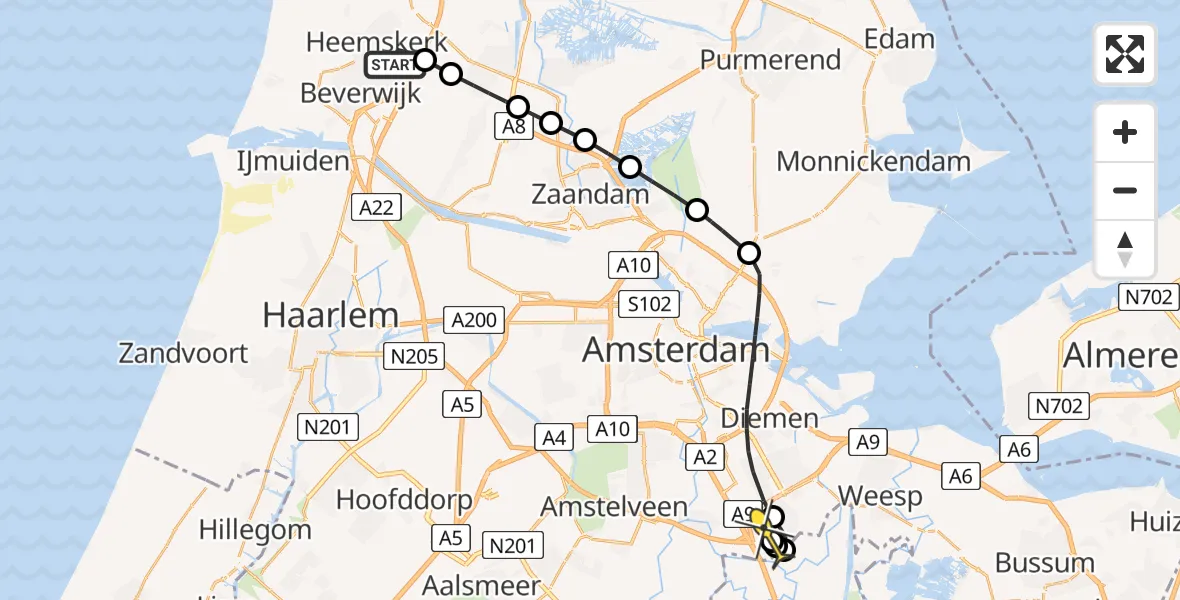 Routekaart van de vlucht: Lifeliner 1 naar Academisch Medisch Centrum (AMC), De Trompet