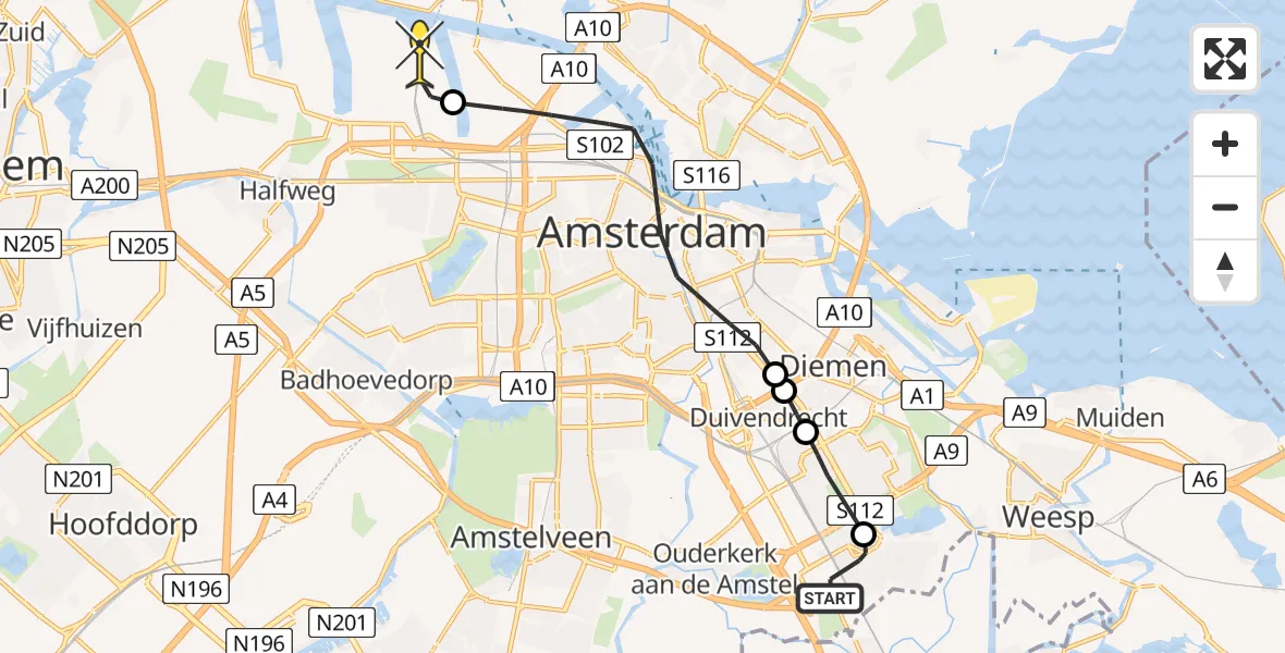 Routekaart van de vlucht: Lifeliner 1 naar Amsterdam Heliport, Montfoorthof