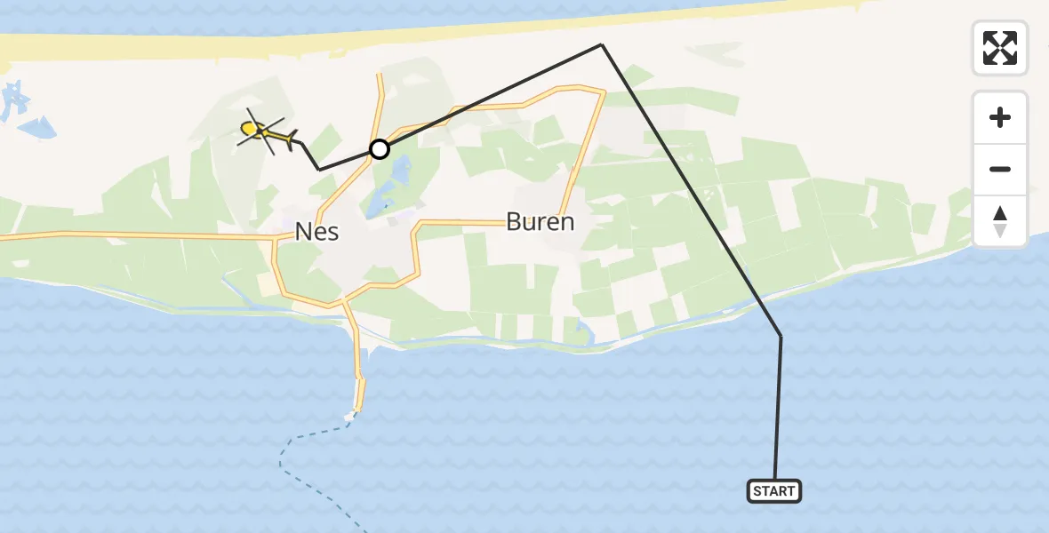 Routekaart van de vlucht: Ambulancehelikopter naar Nes, Waddendijk