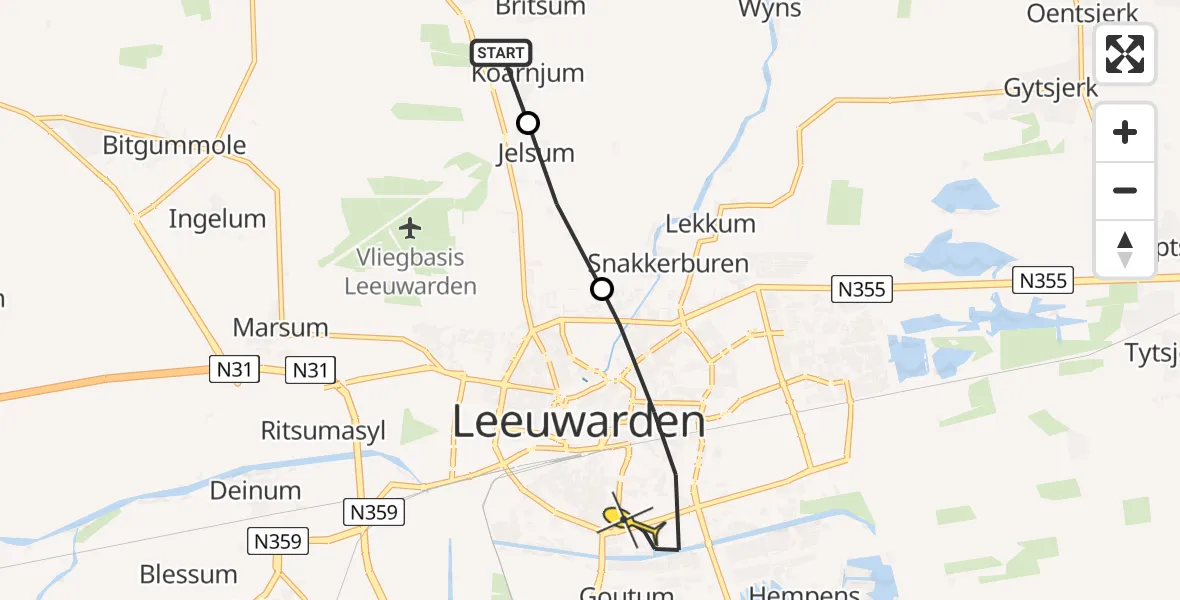 Routekaart van de vlucht: Ambulanceheli naar Leeuwarden, Boarnsylsterwei