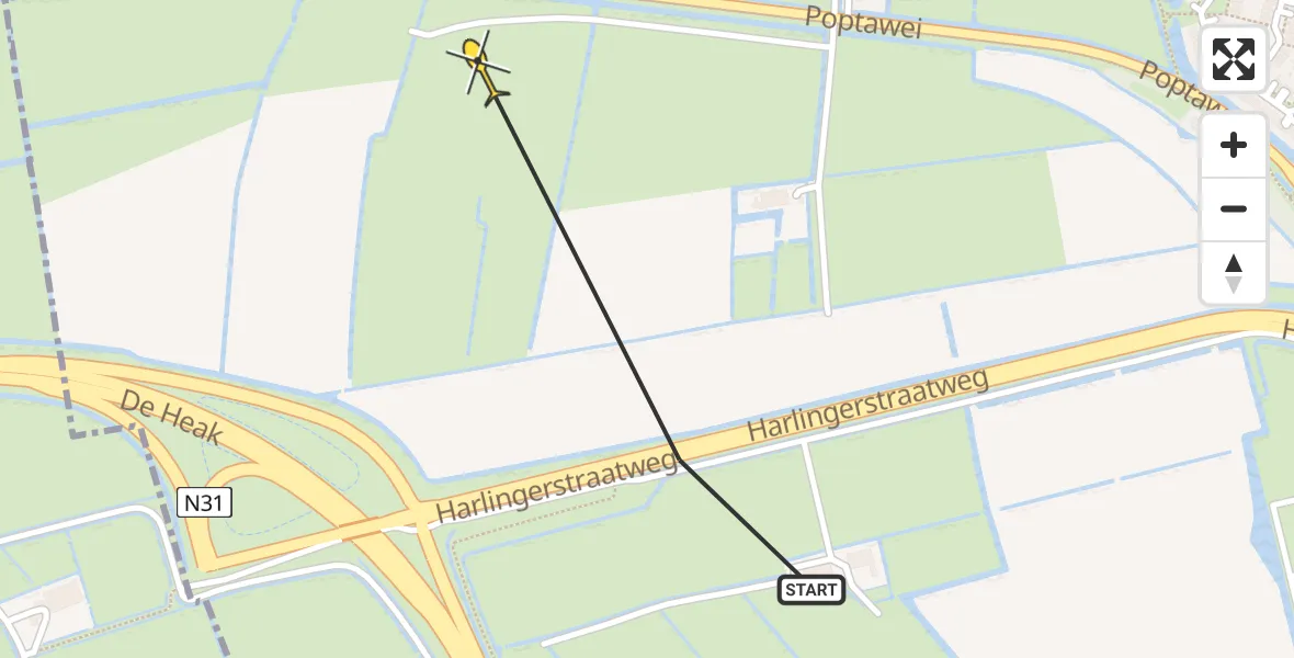 Vluchtroute Ambulancehelikopter van Leeuwarden naar Leeuwarden