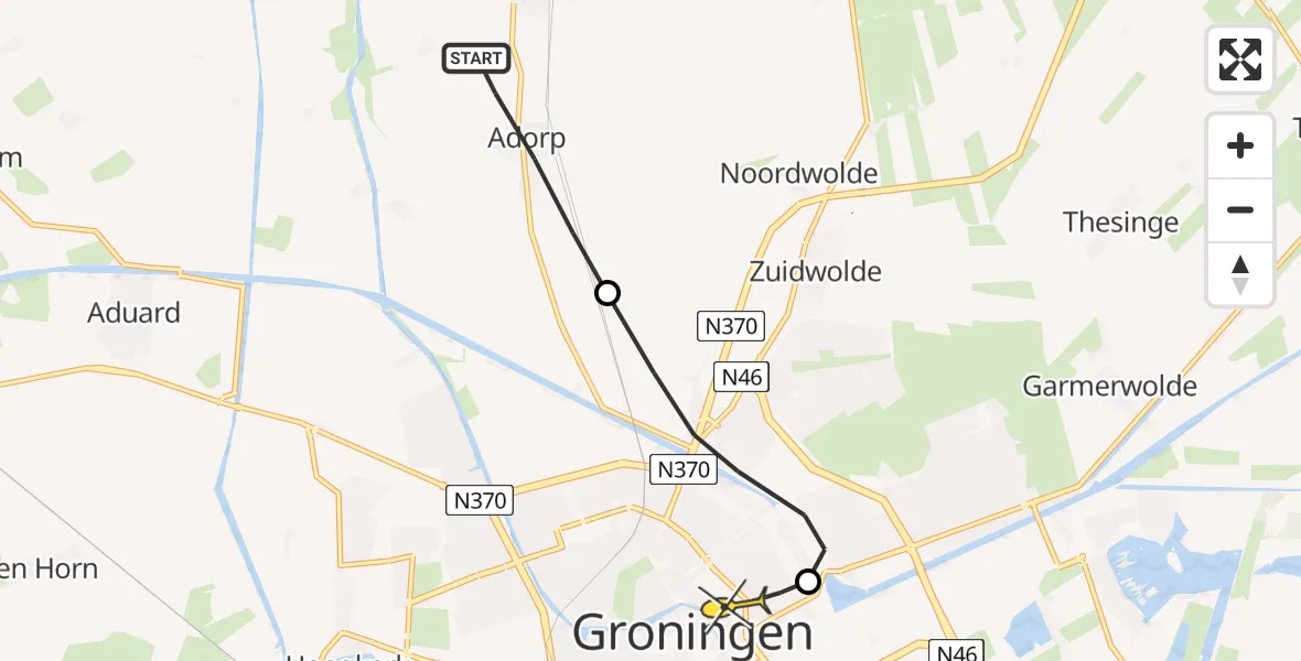 Routekaart van de vlucht: Lifeliner 4 naar Universitair Medisch Centrum Groningen, Provincialeweg