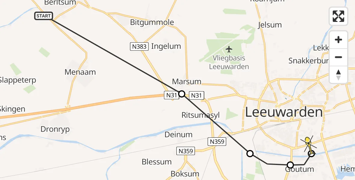Routekaart van de vlucht: Ambulanceheli naar Leeuwarden, Waadseewei