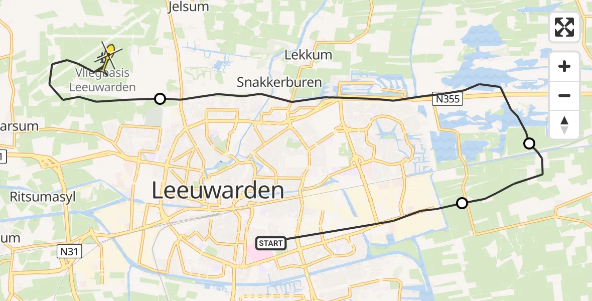 Routekaart van de vlucht: Ambulancehelikopter naar Vliegbasis Leeuwarden, Planetenlaan