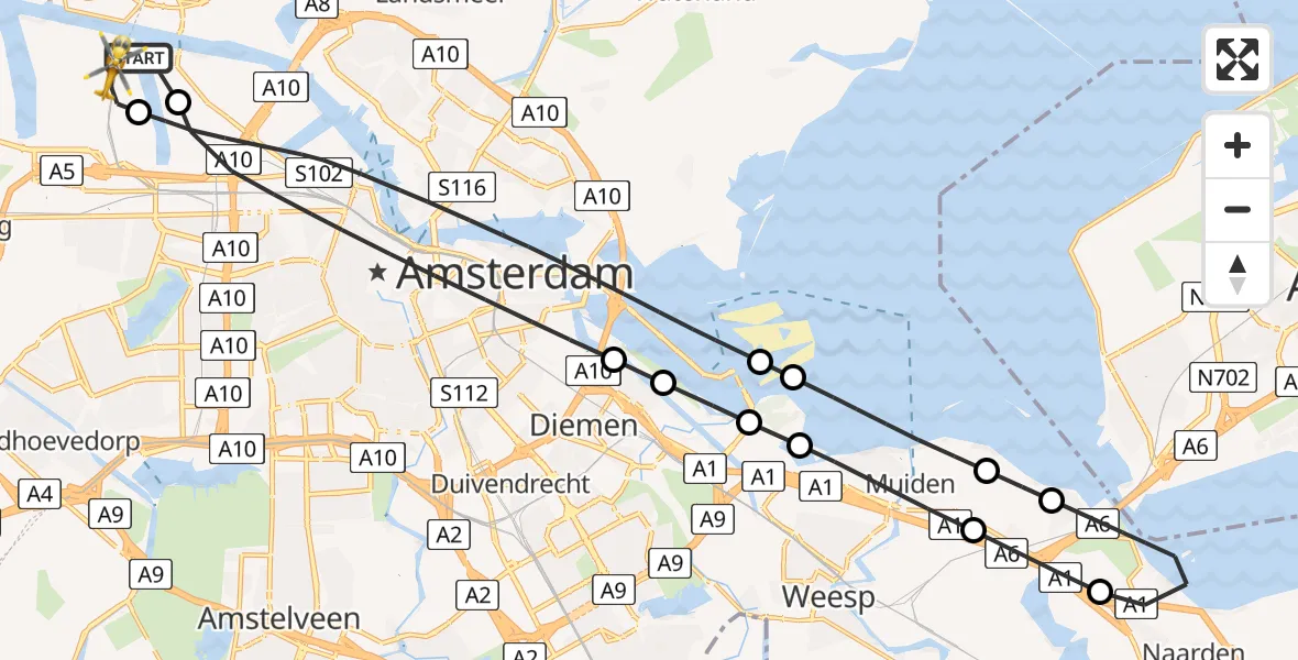 Vluchtroute Traumahelikopter van Amsterdam Heliport naar Amsterdam Heliport
