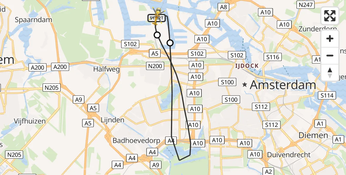 Vluchtroute Traumahelikopter van Amsterdam Heliport naar Amsterdam Heliport