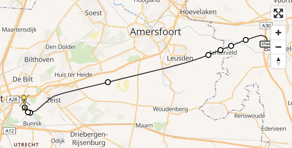 Routekaart van de vlucht: Lifeliner 3 naar Universitair Medisch Centrum Utrecht, Dronkelaarseweg