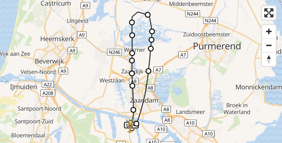 Vluchtroute Traumahelikopter van Amsterdam Heliport naar Amsterdam Heliport