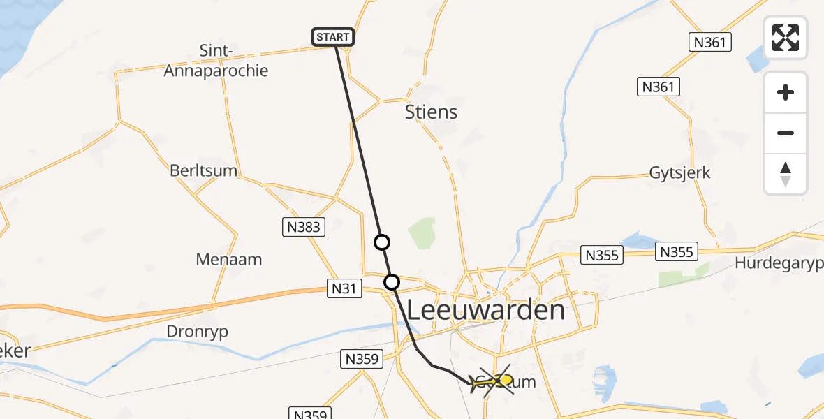 Routekaart van de vlucht: Ambulancehelikopter naar Leeuwarden, Keegsdijkje