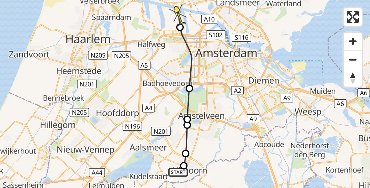 Routekaart van de vlucht: Lifeliner 1 naar Amsterdam Heliport, Bieslook
