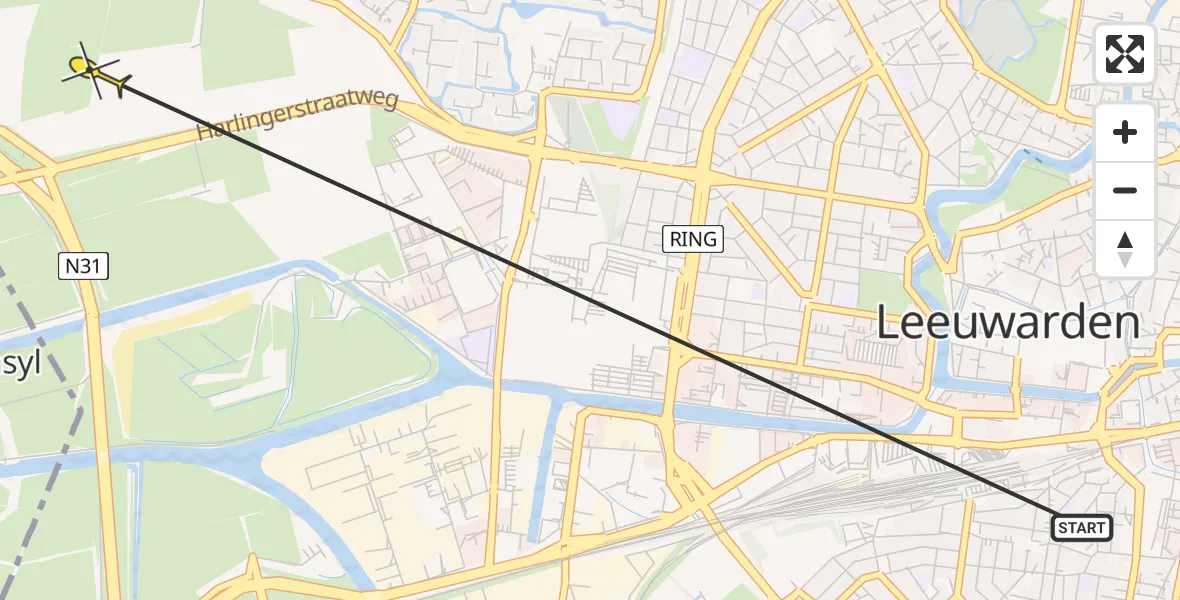 Routekaart van de vlucht: Ambulanceheli naar Leeuwarden, Harlingerstraatweg