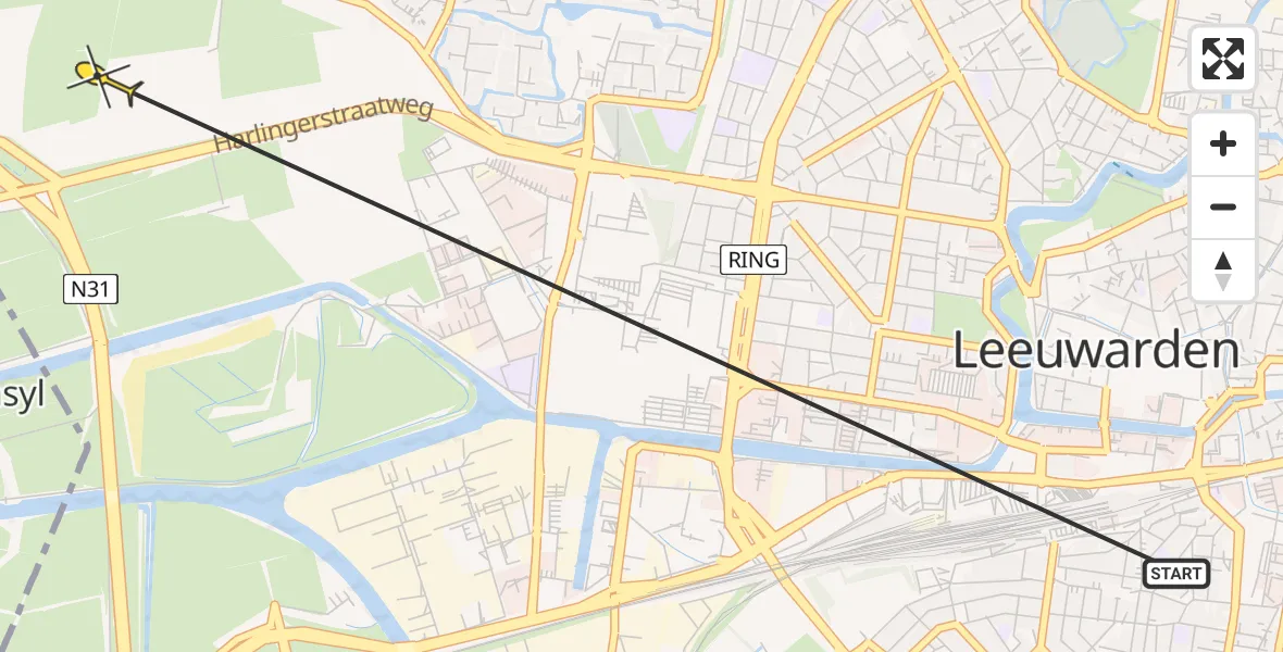 Vluchtroute Ambulancehelikopter van Leeuwarden naar Leeuwarden