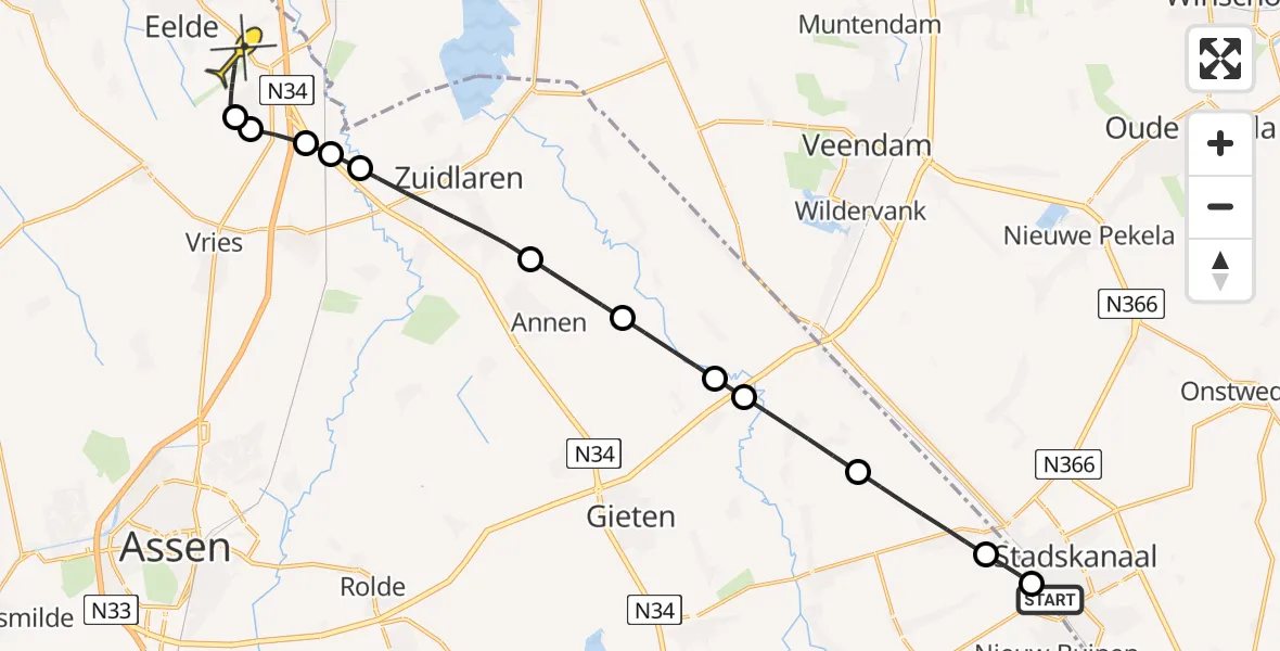 Routekaart van de vlucht: Lifeliner 4 naar Groningen Airport Eelde, Zuiderdiep