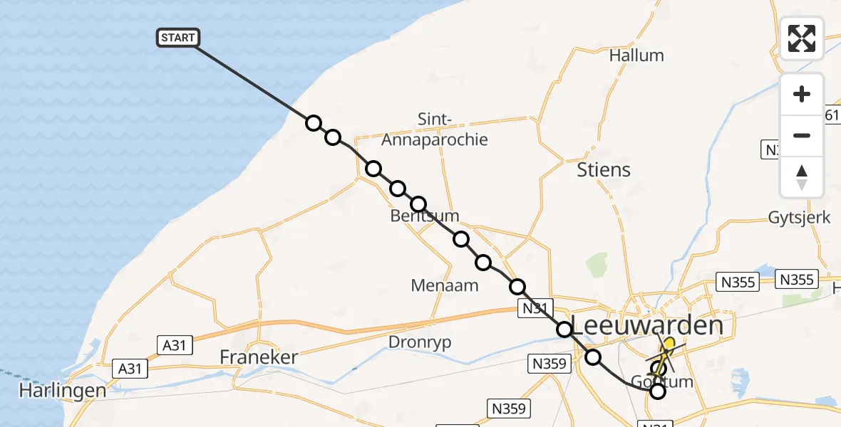 Routekaart van de vlucht: Ambulanceheli naar Leeuwarden, Oudebildtdijk