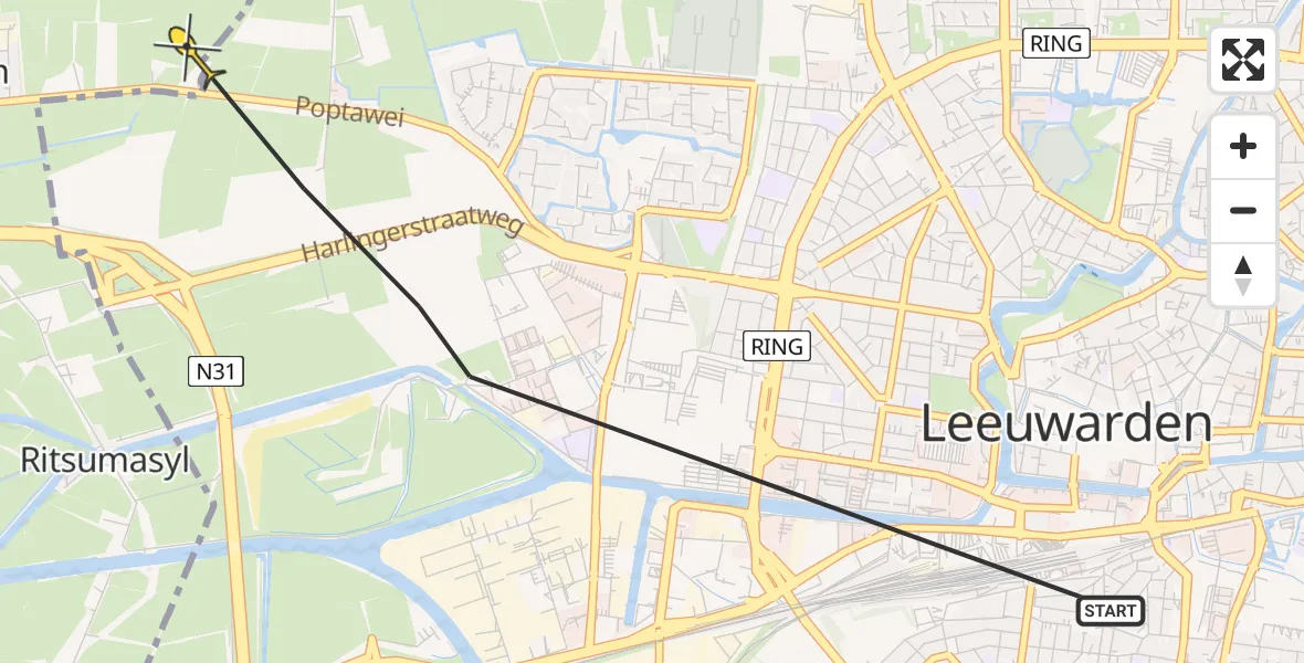 Vluchtroute Ambulancehelikopter van Leeuwarden naar Marsum
