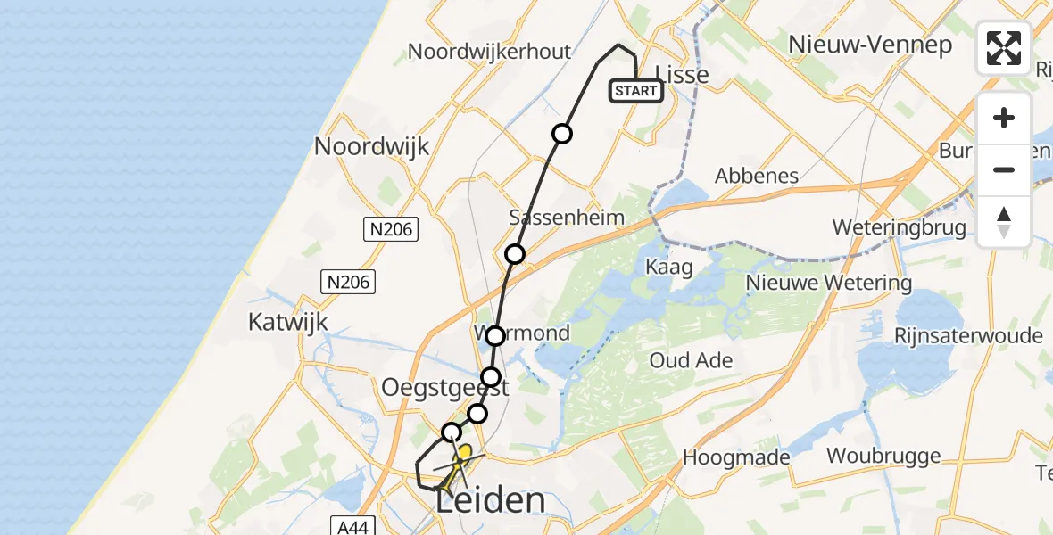 Routekaart van de vlucht: Lifeliner 1 naar Leiden, Keukenhofbosch