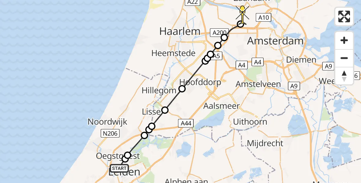 Routekaart van de vlucht: Lifeliner 1 naar Amsterdam Heliport, Kagerstraat