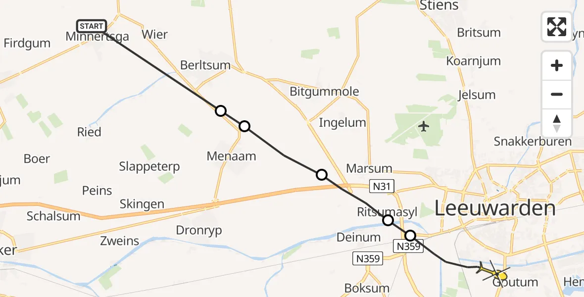Routekaart van de vlucht: Ambulanceheli naar Leeuwarden, Sânwei