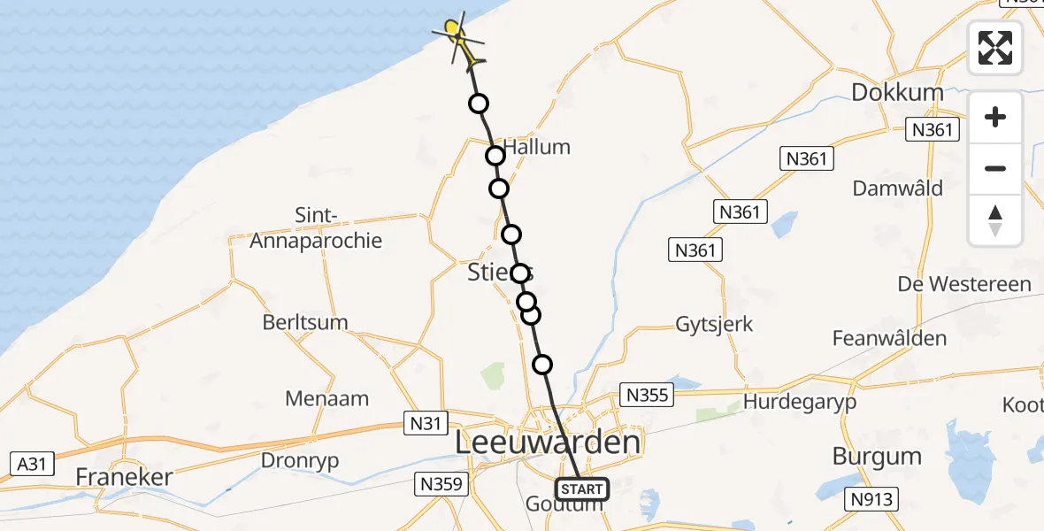 Routekaart van de vlucht: Ambulancehelikopter naar Marrum, Dulfplein