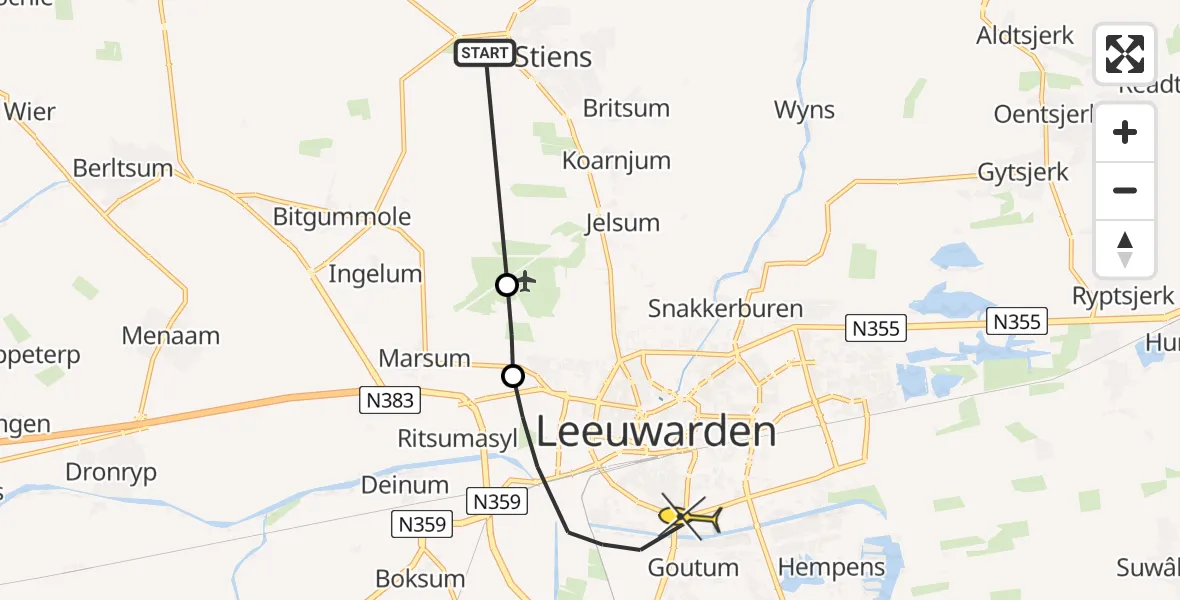 Routekaart van de vlucht: Ambulancehelikopter naar Leeuwarden, Keegsdijkje