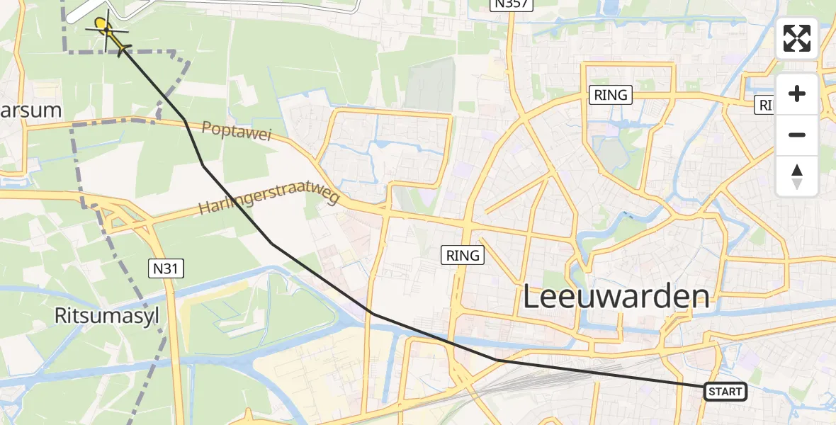Vluchtroute Ambulancehelikopter van Leeuwarden naar Leeuwarden