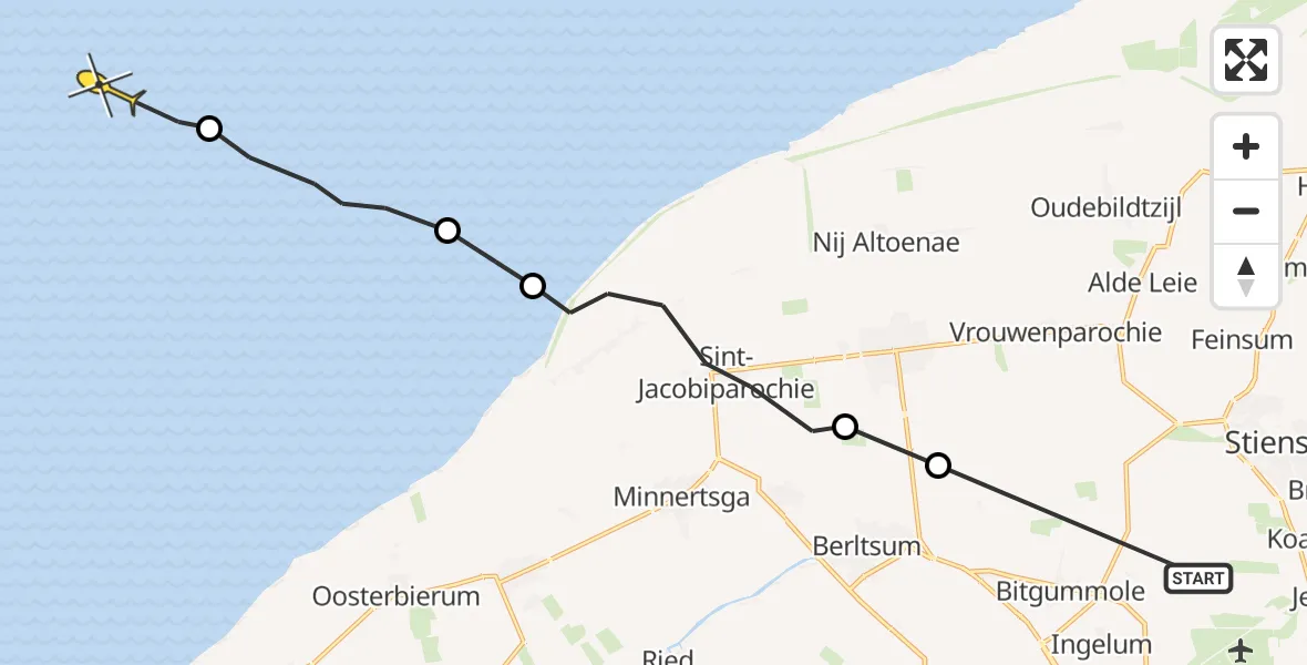 Routekaart van de vlucht: Ambulanceheli naar Oosterend, Súdhoekstermiddelweg