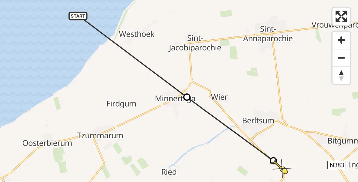Routekaart van de vlucht: Ambulancehelikopter naar Menaam, Miedleane