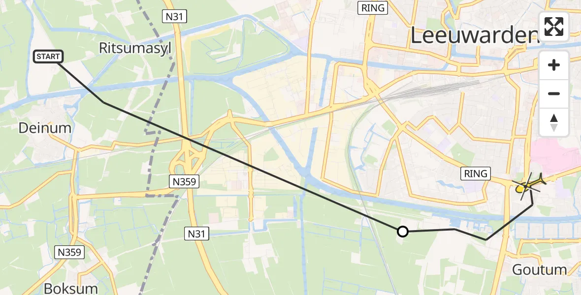 Routekaart van de vlucht: Ambulanceheli naar Leeuwarden, Boksumerdyk